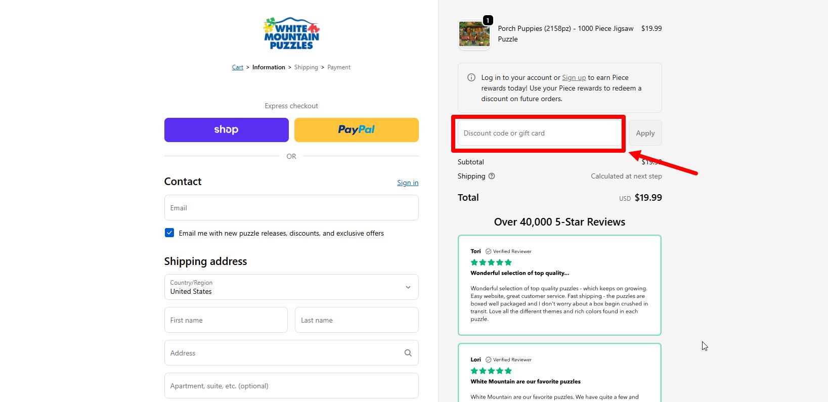 “How to apply a White Mountain Puzzles promo code”